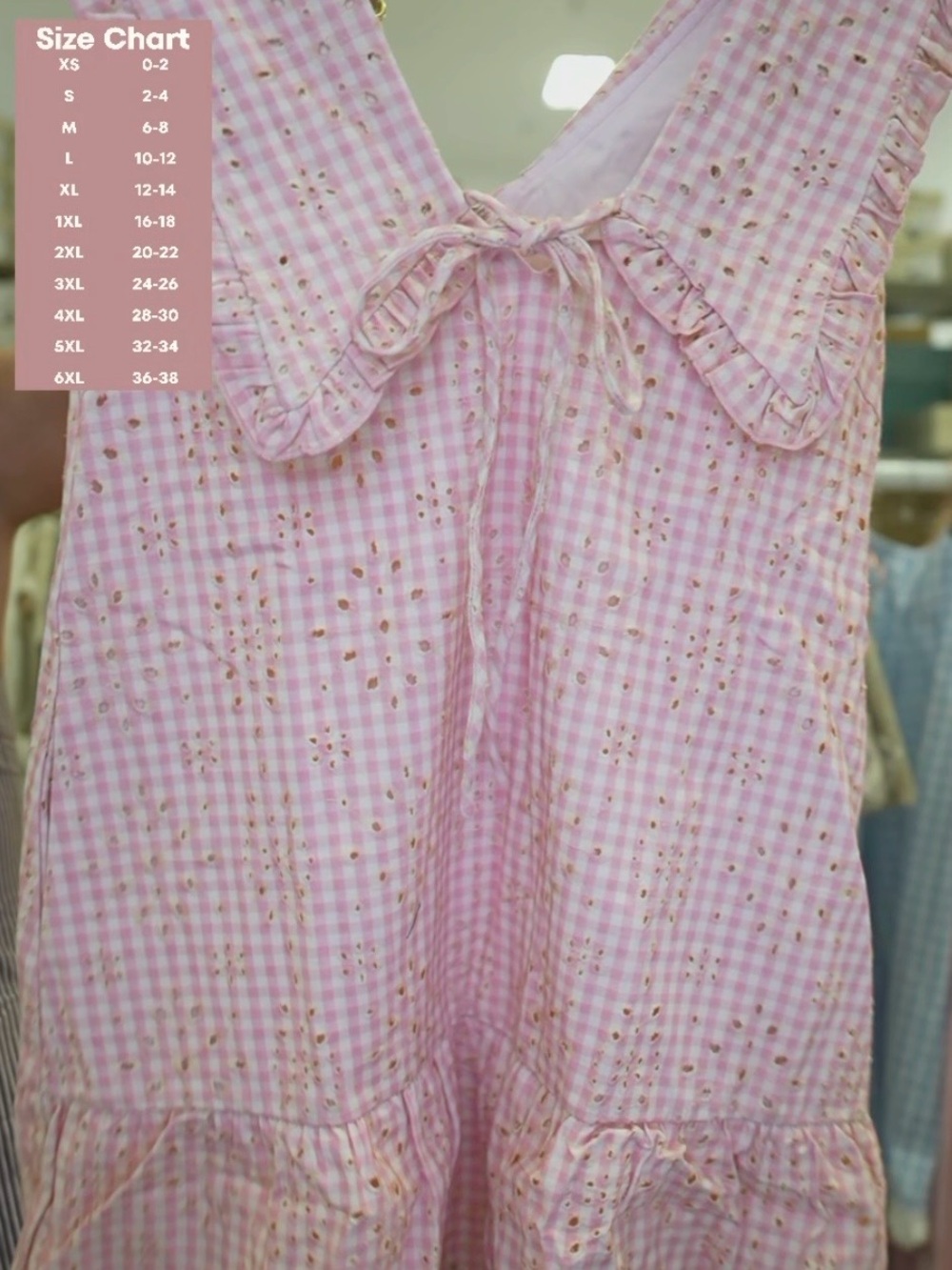 Ladies Pink Gingham Eyelet Midi Dress with Ruffle Collar